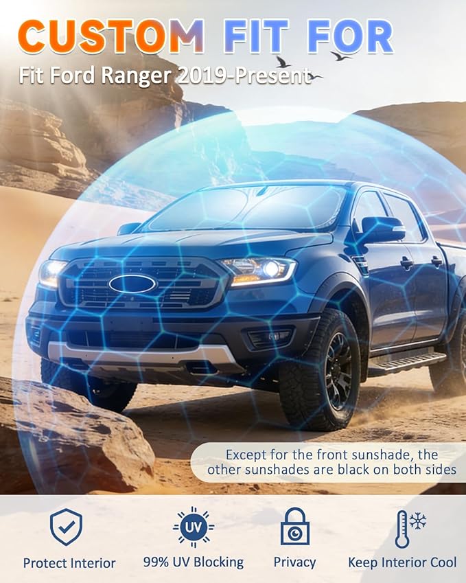 Sun Shades for Ford Ranger 2019-2026 Windshield Sunshade Accessories Full Window Shades for Ranger Front Rear Side Window Covers Fixed with Inserts Sun Visor Blocker Privacy Car Keep Car Cool 6 PCS