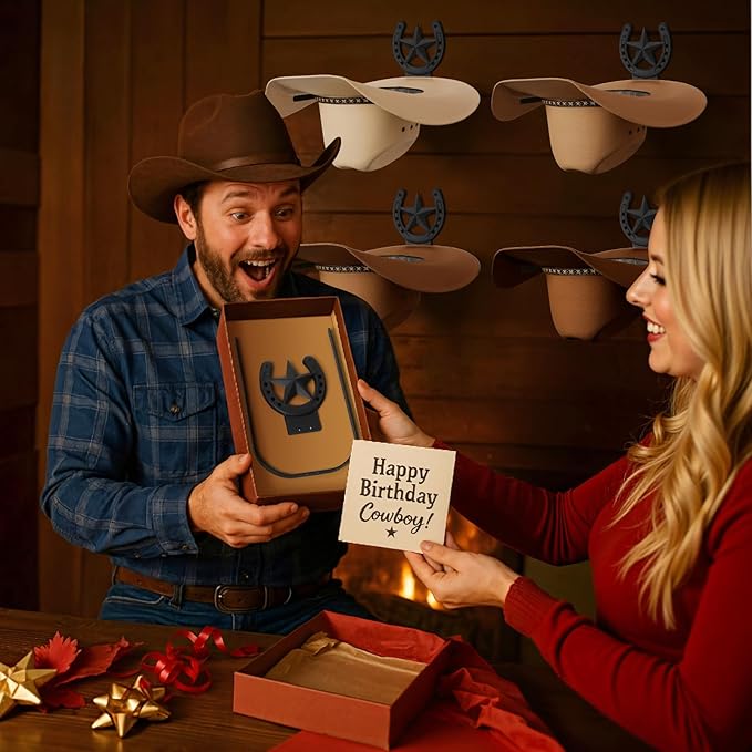 Cowboy Hat Holder Wall Mount for Wide Brim Hats Rustic Horseshoe Hooks with Texas Star Metal Hat Hanger Organizer for Closet 