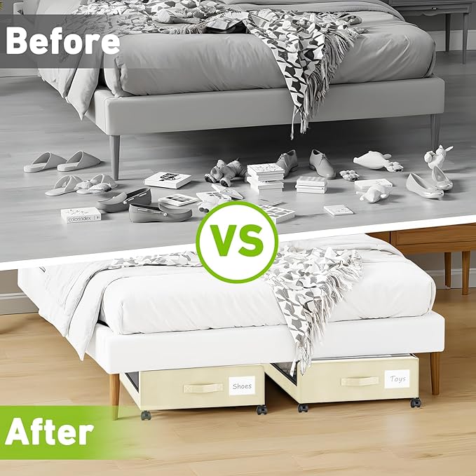 Under Bed Storage with Wheels, 4-Pack UnderBed Storage Containers with Clear Lids, Under Bed Shoe Storage Organizer, Rolling 