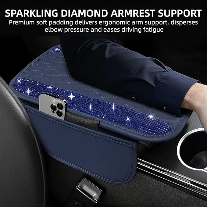 NBTEPEM Bling Blue Car Center Console Cover, Leather Car Arm Rest Cover with 2 Storage Bags, Universal Auto Armrest Protector Storage Box, Bling Accessories Interior for Most Vehicles