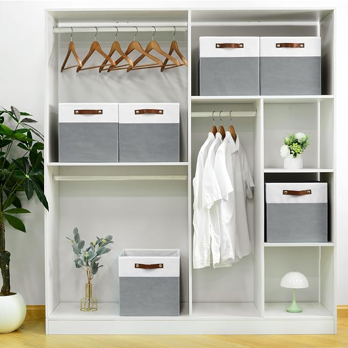 FinishingBo 6-Pack Storage Cubes with Handles & Label Holders Basket, Closet Cube Home Organizer Bins(White/Dark Grey, 13 x 1
