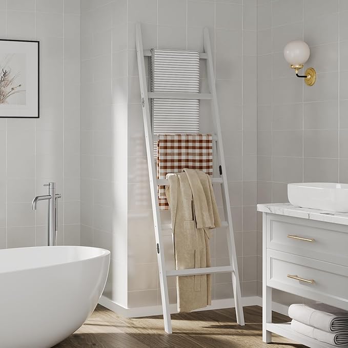 Bamboo Towel Rack 6-Tier Blanket Ladder for Living Room, Bedroom, Bathroom Space-Saving Decorative Ladder for Quilts, Towels 