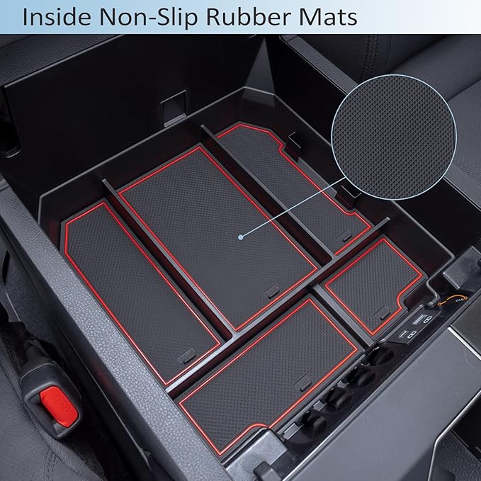 JDMCAR Center Console Organizer Compatible with 2022 2023 2024 2025 2026 Toyota Tundra Accessories and 2023-2026 toyota sequoia Armrest Secondary Storage Box ABS Material with Non-Slip Mats (Red Trim)