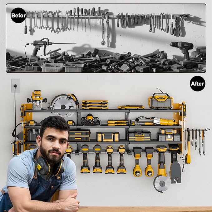 12 Cordless Drill Holder Large Power Tool Organizer Wall Mount with Side Pegboard & Screwdriver Holder, 4-Tier Heavy Duty Met