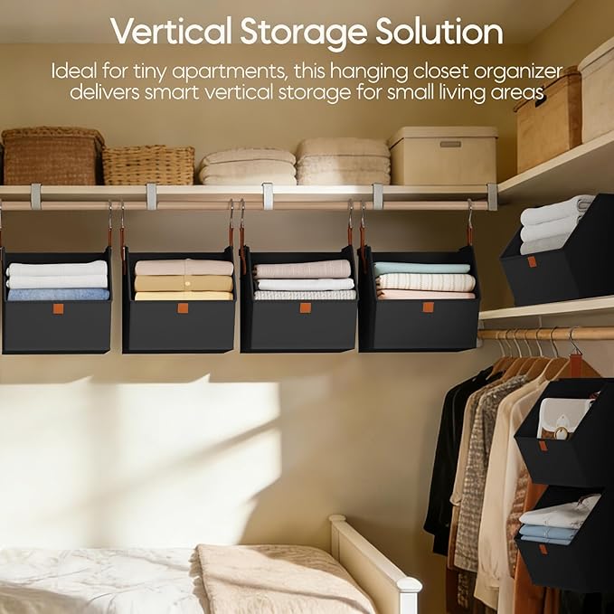 Homsorout Collapsible Hanging Closet Organizer - 3 Tier Closet Shelves Storage System with Hooks, Fabric Hanging Storage Bins
