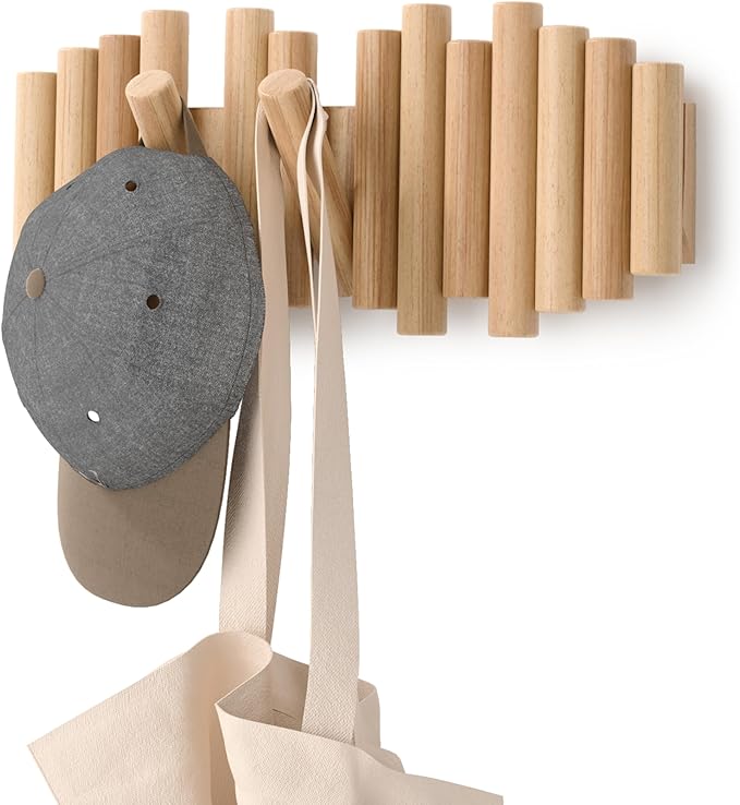 Umbra Picket Coat Rack Wall Mount – 5 Flip-Down Wood Coat Hooks, Modern & Functional Storage, Easy Install Wall Hooks, Natura