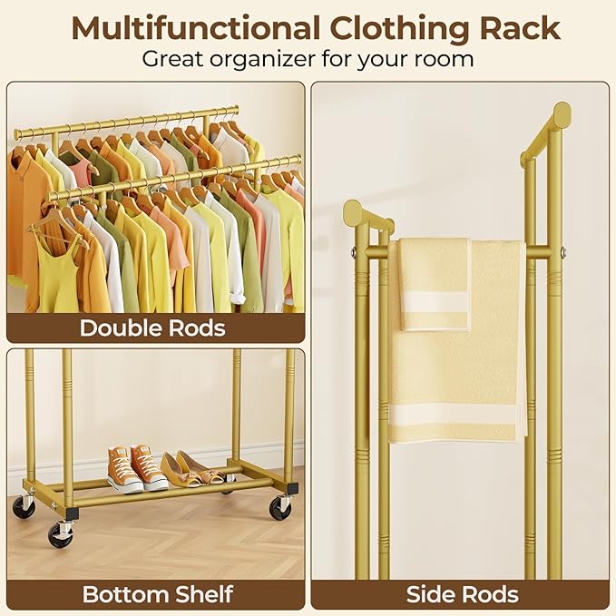 HYSEYY Double Rods Clothes Rack, Sturdy Rolling Clothing Rack, Portable Clothing Racks for Hanging Clothes - Metal Garment Ra