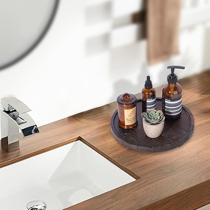 Round Decorative Tray Wood Bathroom Counter Organizer Farmhouse Kitchen Decor Wooden Riser for Soap Dish, Perfume, Candle, Sp