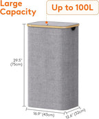 Lifewit 100L Laundry Basket with Lid, Clothes Hampers for Laundry with Bamboo Handles and 1 Removable Bag, Large Foldable Lau