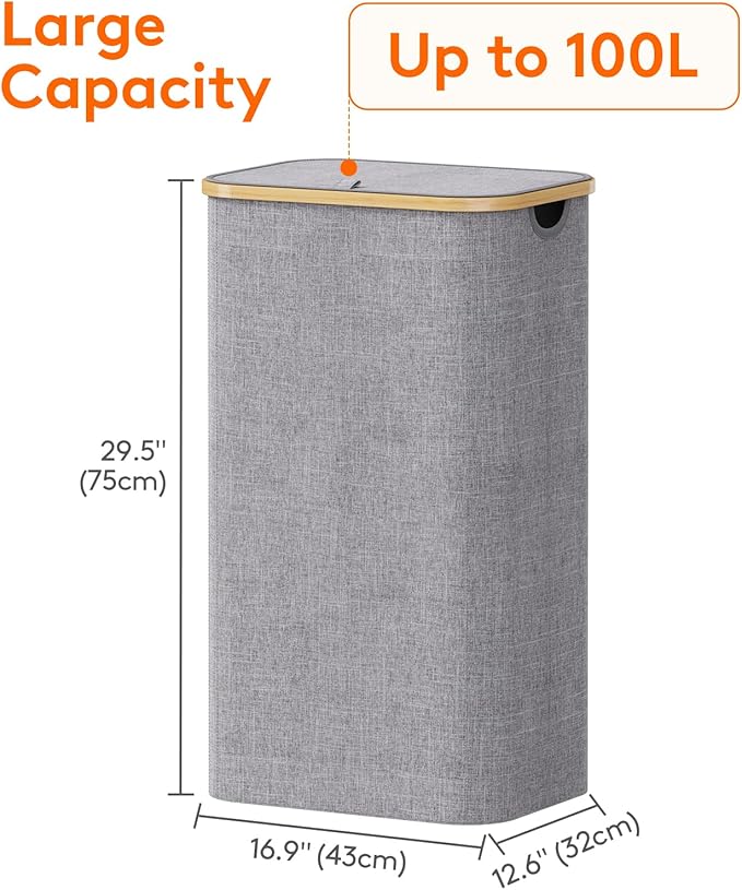 Lifewit 100L Laundry Basket with Lid, Clothes Hampers for Laundry with Bamboo Handles and 1 Removable Bag, Large Foldable Lau