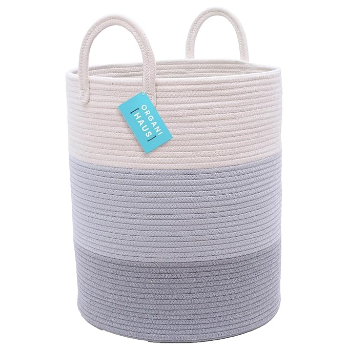 OrganiHaus Large Gray Woven Laundry Basket w/Handles 52L, Rope Dirty Clothes Hamper, Blanket Basket for Living Room, Baby Lau