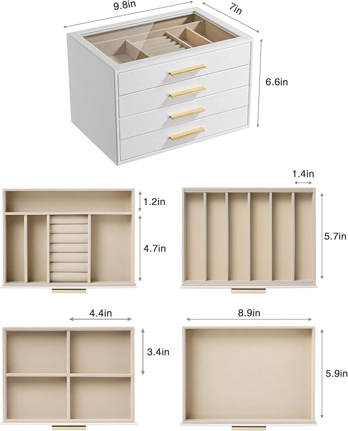pickpiff Jewelry Box Organizer Case for Women: 4-Layer Jewelry Storage Case with Glass Window, Pure White Leather with Velvet