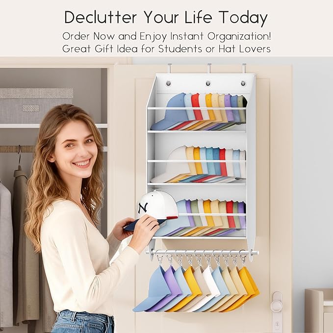 Homsorout Over the Door Hat Rack - 3-Layer Design Hat Organizer Holds 30-36 Hats with 10 Hooks, Ideal Hat Rack for Door, Over
