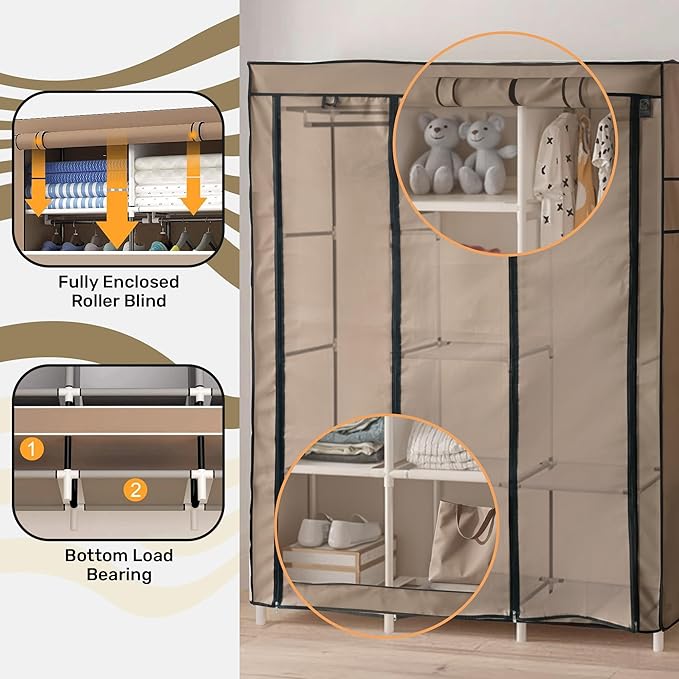 DivaDee Portable Wardrobe Closet with Cover – Freestanding Clothes Organizer with 8 Storage Shelves & Dual Hanging Rods – Spa