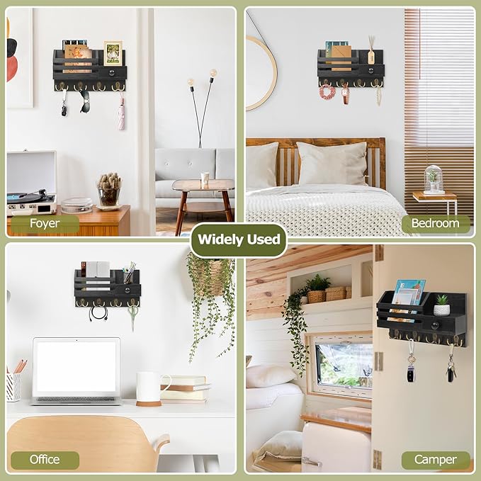 Key Holder Wall Mount, Wooden Adhesive Mail and Key Organizer with Drawer, Small Shelf, 8 Hooks, 2 Installation Methods, Blac