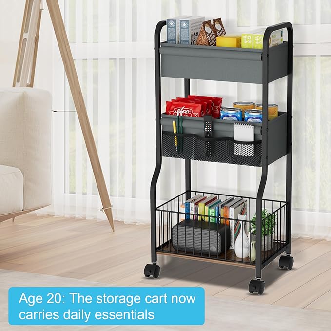 3-tier Baby Diaper Caddy Organizer and Storage Cart with 4+3 Dividers, Metal Utility Cart with Lockable Wheels for Nursery, B
