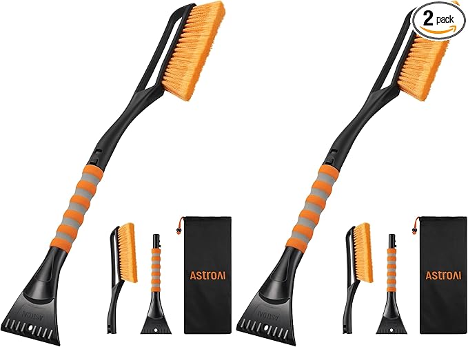 AstroAI 27" Snow Brush and Ice Scrapers for Car Windshield, Detachable Snow Scrapers with Ergonomic Foam Grip for Cars, Trucks, SUVs (Heavy Duty ABS, PVC Brush, Orange) (Pack of 2)
