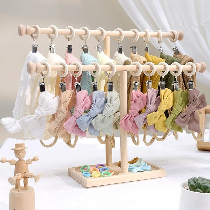 POVETIRE Headband Holder Stand Storage for Baby, 2 Tier Wooden Bow Organizer for Girls Hair Bows, Infant Hair Accessories Rac