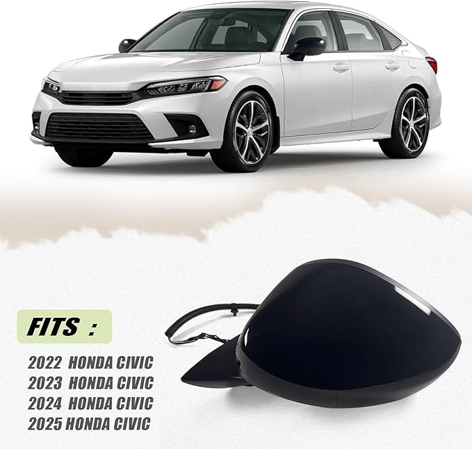 Left Driver side Mirror Fits 2022 2023 2024 2025 HONDA CIVIC Sedan/Hatchback With Power Glass, Manual Folding, Match to Crystal Black Pearl Replace HO1320350 (3 Pins)