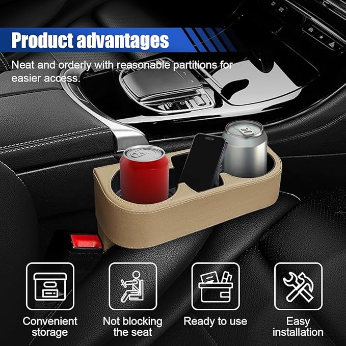 Car Cup Holder, Auto Front Seat Organizer, Multifunctional Cup Drink Holders with PU Leather Cover, Gap Filler Storage Box Coin Bucket Console Side Pocket Cell Mobile Phone Holder (Beige)