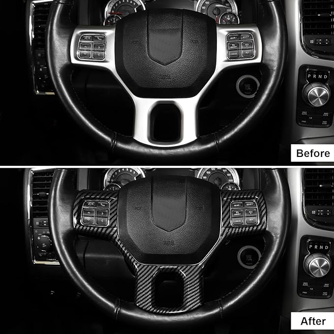 CheroCar for Dodge RAM Steering Wheel Cover Trim Interior Decoration Accessories for 2010-2017 Dodge RAM (Carbon Fiber)