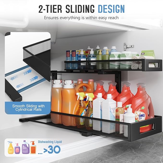 1 Pack 20.47IN Depth Under Sink Storage Organizer, Large 2-Tier Elegant Mesh Pull Out Shelf for Kitchen and Bathroom Cabinet 