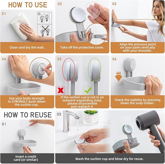 LEVERLOC Soap Dish Holder for Shower Suction Cup Wall Mounted Self Draining NO-Drilling Removable Bar Soap Sponge Holder for 