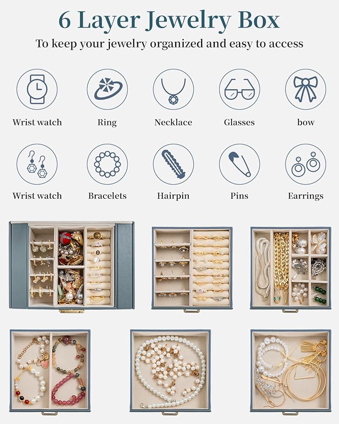TORIBIO Large Jewelry Box for Women, Leather Jewelry Organizer with Mirror & Lock, 6-Tier Jewelry Storage Case for Girls/Wome