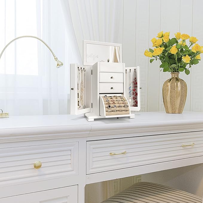 Emfogo Jewelry Box for Women, Rustic Wooden Jewelry Boxes & Organizers with Mirror, 4 Layer Jewelry Organizer Box Display for