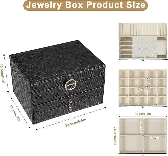 GUOER Jewelry Box for Women Girl Wife - Large PU Leather Jewelry Organizer Storage Case with 3 Layers Display for Earrings Br