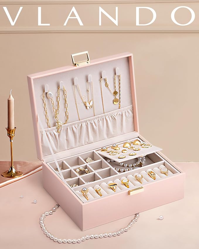 Vlando 2 Layer Jewelry Box Large Jewelry Organizer for Women Removable Jewelery Tray for Necklace Earrings Rings Bracelets Je