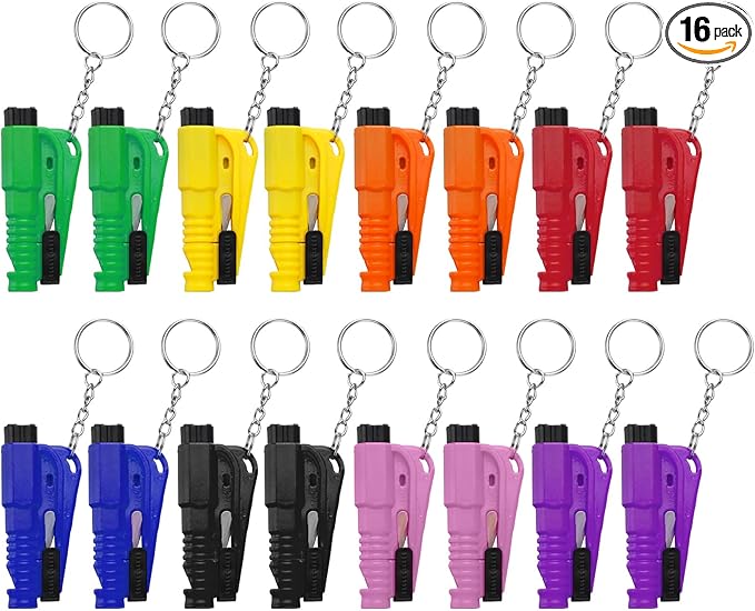 PIFOOG 16 Pcs Car Window Breaker Keychain 3-in-1 Emergency Escape Tool Glass Breakers Seatbelt Cutter Rescue Whistle Mini Com