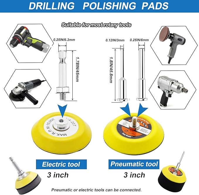 133PCS 3 Inch Sanding Discs Drill Polishing Kit,Wet-Dry 60-10000 Grit Hook-and-Loop Sandpaper,Buffing Pads Drill Sanding Attachment for Car Headlight Restoration, Metal, Wood, Resin Polishing