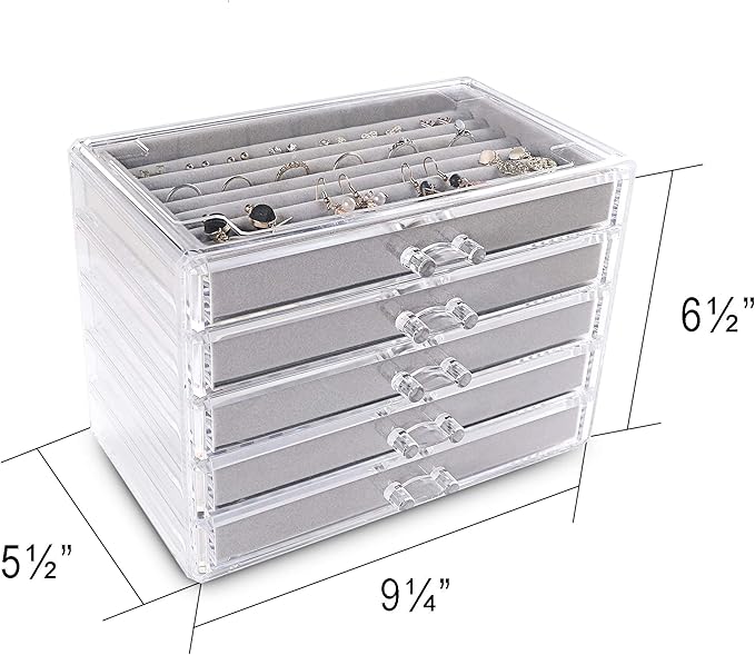 Frebeauty Extra Large Acrylic Jewelry Box for Women 5 Layers Clear Jewelry Organizer Velvet Earring Box with 5 Drawers Rings 