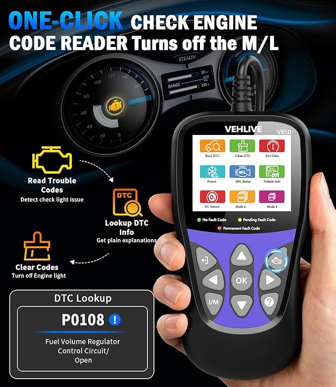 OBD2 Scanner Diagnostic Tool, VEHLIVE V850 Car Code Reader for Check Engine Light with Reset, I/M Readiness, Battery Tester,