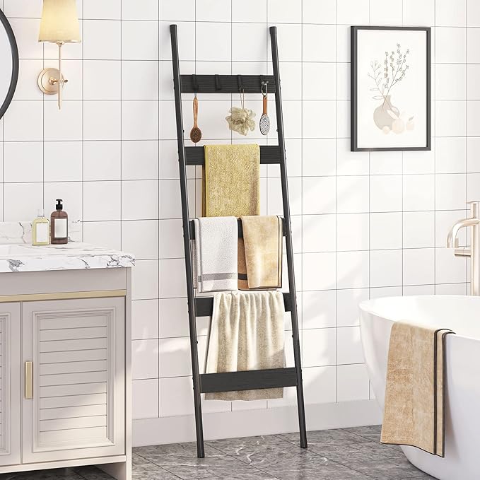 HOOBRO Blanket Ladder, 5-Tier Towel Rack with Hooks, Wall-Leaning Blanket Rack, Decorative Display Ladder Shelf, Scarves, Ind