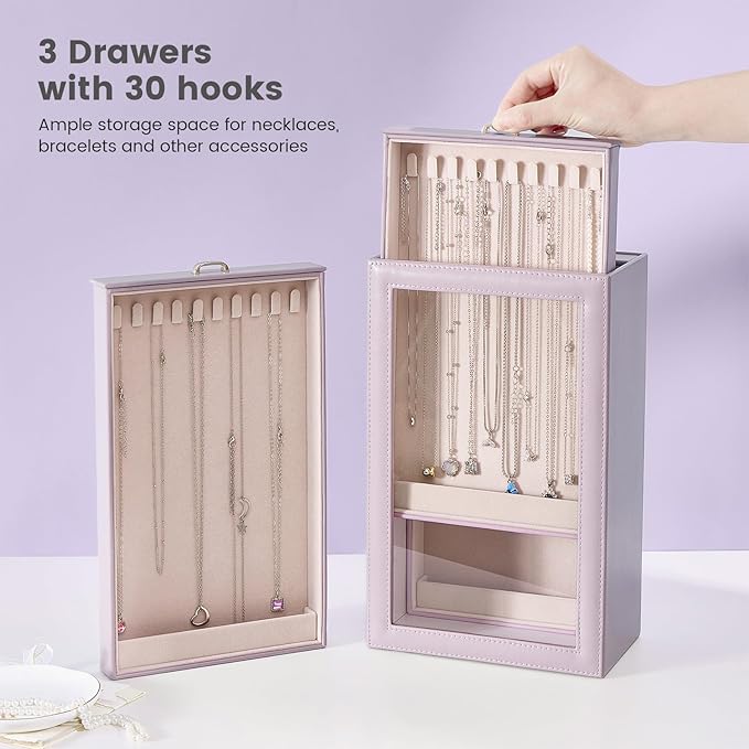 Lolalet Necklace Organizer Box, Jewelry Storage Box with Clear Window for Necklaces Bracelets, Tangle-Free Necklace Display C