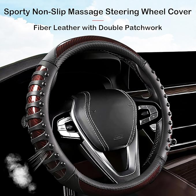 3D Massage Car Steering Wheel Cover,14.5-15 Inch Universal Brown Carbon Fibre Leather Covers Breathable Anti-Slip Odorless St