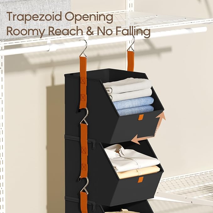 Homsorout Collapsible Hanging Closet Organizer - 3 Tier Closet Shelves Storage System with Hooks, Fabric Hanging Storage Bins