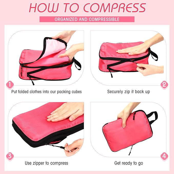5 Pack Compression Packing Cubes for Travel Space Saving Cubes Luggage Organizer for Suitcase(Pink,M)