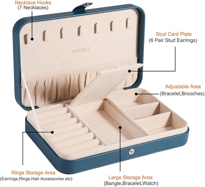 LANDICI Small Jewelry Box for Women Girls, PU Leather Travel Jewelry Organizer Case, Jewellery Storage Holder Display for Rin