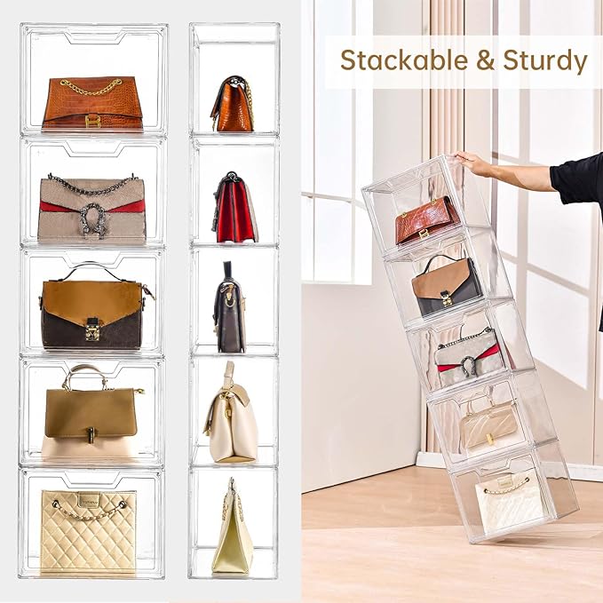 Freebat Stackable Storage Bins,Clear Acrylic Display Case, Acrylic Boxes with Lids, Stackable Storage for Handbags & Purse, M