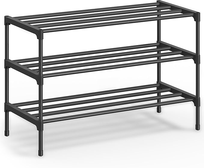 SONGMICS 3-Tier Shoe Rack for Closet, Compact Metal Shoe Organizer Shelf for Entryway, Bedroom, Small Spaces, Stackable, 11.8