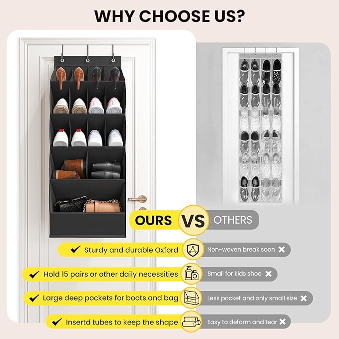 15 Pockets Over the Door Shoe Organizer, Shoe Rack for Closet Door with Large Breathable Pockets, Hanging Shoes Rack for Boot