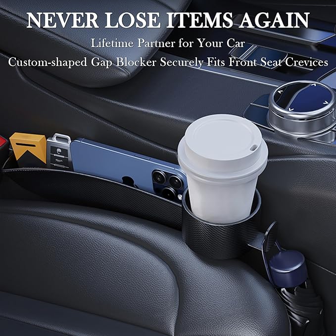 Car Seat Gap Filler Set of 2, Upgraded Car Side Seat Gap Fillers with Organizer, Cup Holder & Hook Function, Inserts Between Front Seats Console Catcher 4in1 Gap Stopper Fill Plug Storage Box (Black)