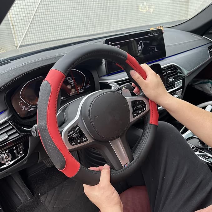 Moyishi Top Leather Steering Wheel Cover Universal Fit Soft Breathable Steering Wheel Wrap (Red)
