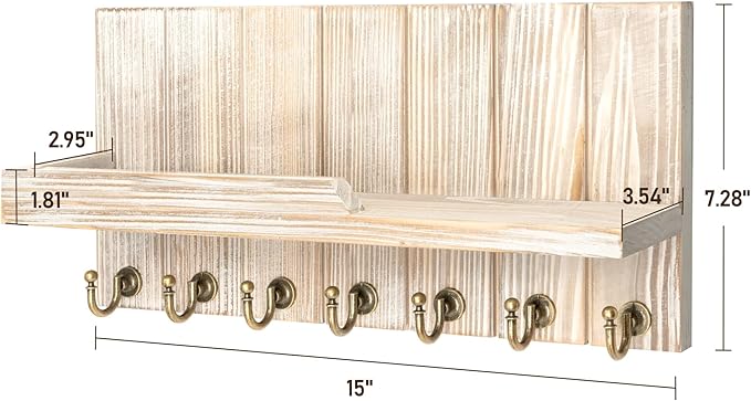 Rebee Vision Farmhouse Key Holder Wall Mount with Mail Organizer - Rustic Key and Mail Holder for Wall with Shelf and 7 Key H