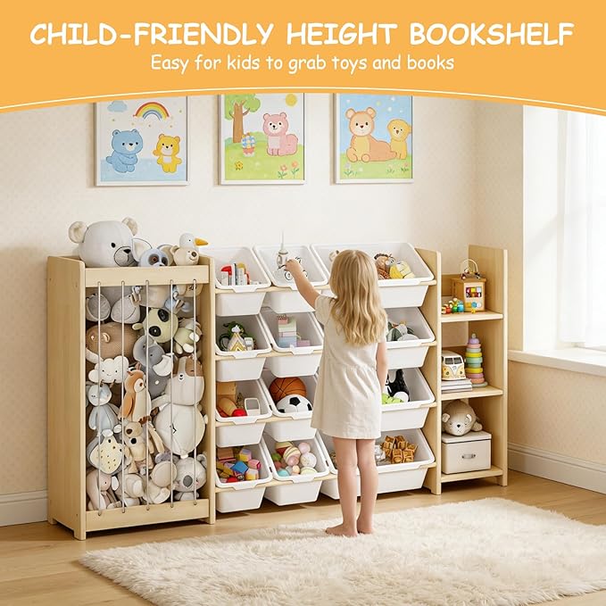 EXPERLAM 3-in-1 Toy Storage Organizer, Stuffed Animal Holder & 3-Tier Bookcase, Solid Wood Toy Organizer with 12 Storage Bins