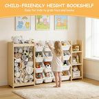 EXPERLAM 3-in-1 Toy Storage Organizer, Stuffed Animal Holder & 3-Tier Bookcase, Solid Wood Toy Organizer with 12 Storage Bins