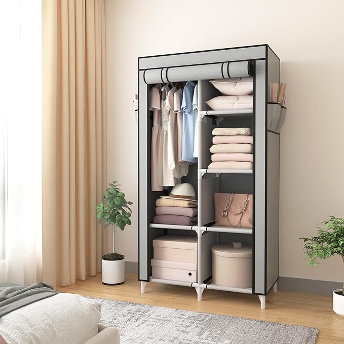 ROJASOP Portable Closet Wardrobe Closet for Hanging Clothes with 6 Storage Shelves, 1 Hanging Rod and 4 Pockets, Clothes Orga